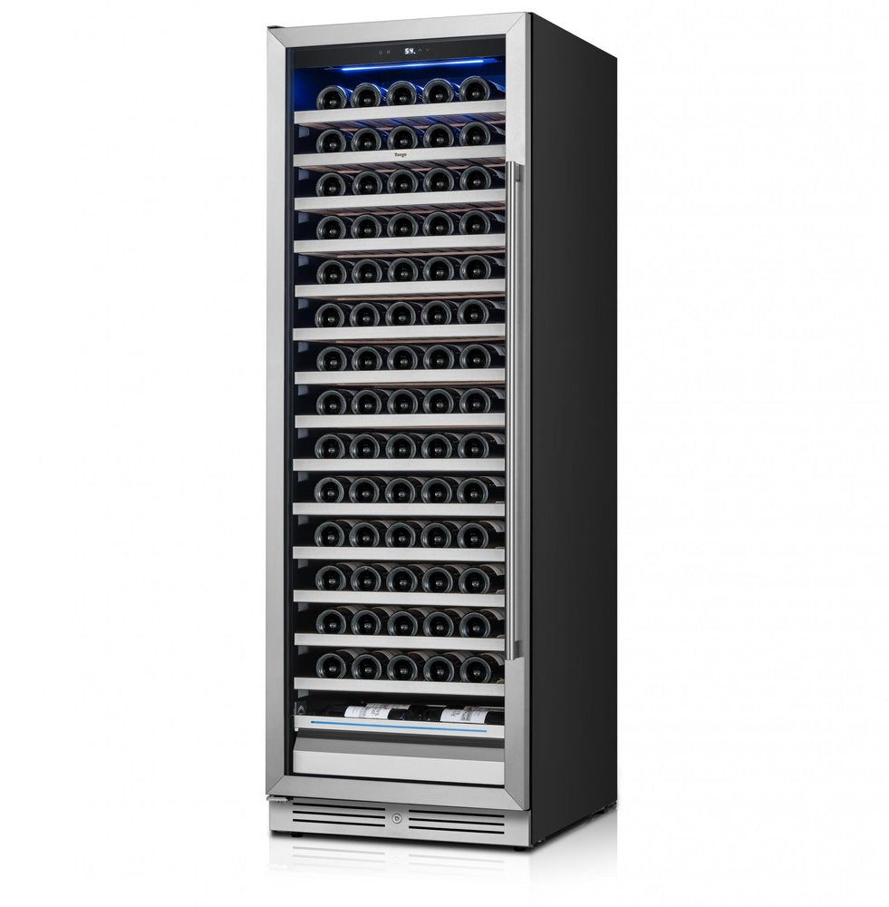 69" X 23" Silver and Black Stainless Steel Single Compartment Wine Refrigerator on a white background