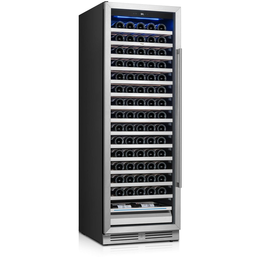 69" X 23" Silver and Black Stainless Steel Single Compartment Wine Refrigerator on a white background