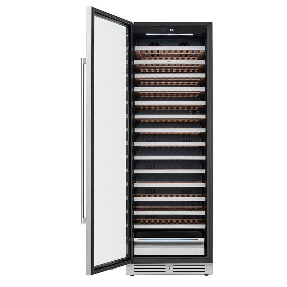69" X 23" Silver and Black Stainless Steel Single Compartment Wine Refrigerator on a white background