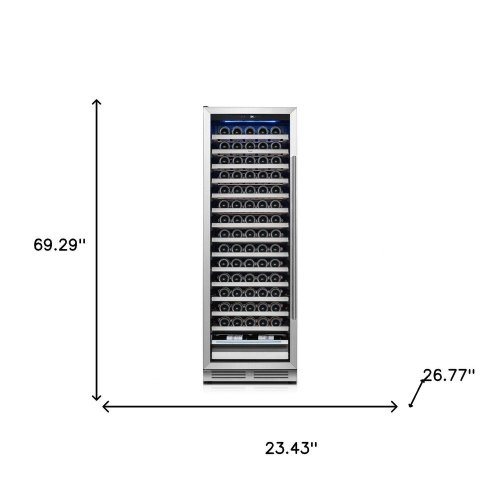 69" X 23" Silver and Black Stainless Steel Single Compartment Wine Refrigerator on a white background