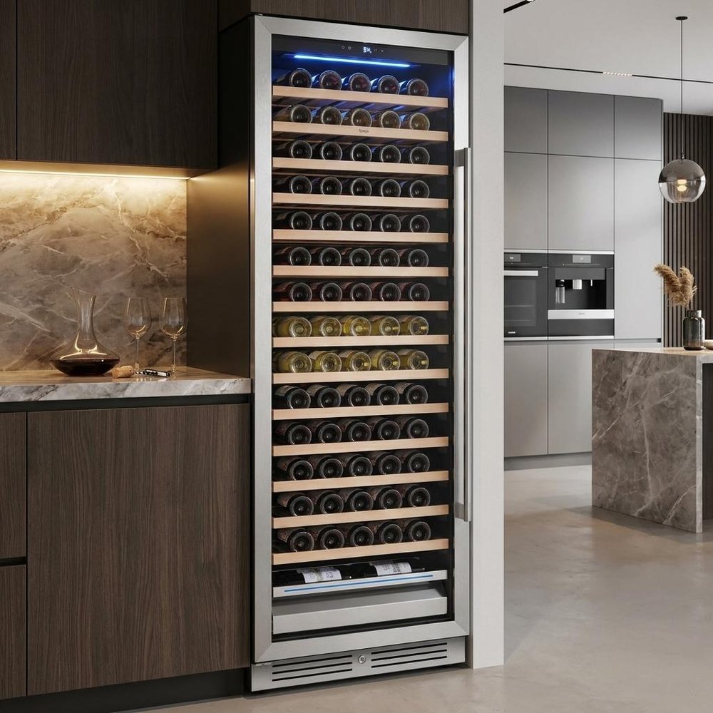 69" X 23" Silver and Black Stainless Steel Single Compartment Wine Refrigerator in a home interior