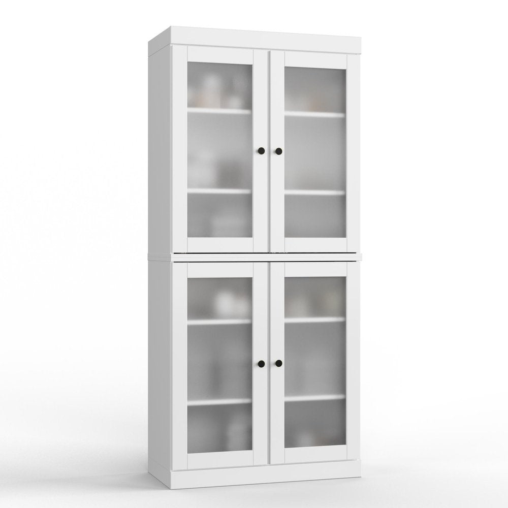 32" White Solid Wood Glass Panel Inlay Double Door Linen Cabinet