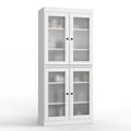 32" White Solid Wood Glass Panel Inlay Double Door Linen Cabinet. Bathroom storage isolated on a plain white background, finished in white wood.