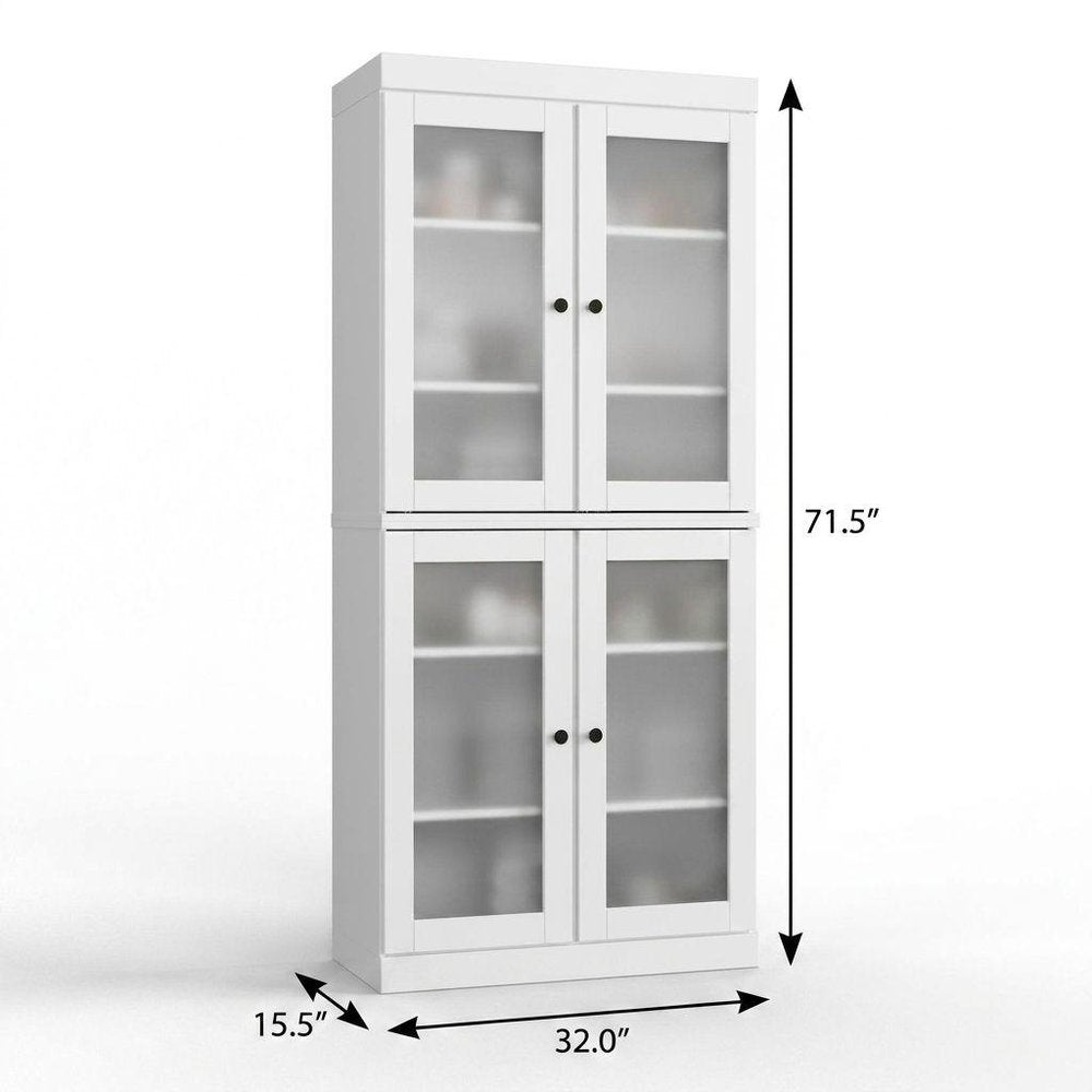 32" White Solid Wood Glass Panel Inlay Double Door Linen Cabinet - SKU 760072