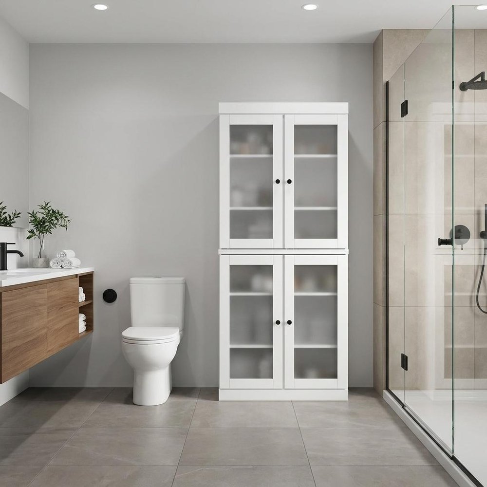32" White Solid Wood Glass Panel Inlay Double Door Linen Cabinet