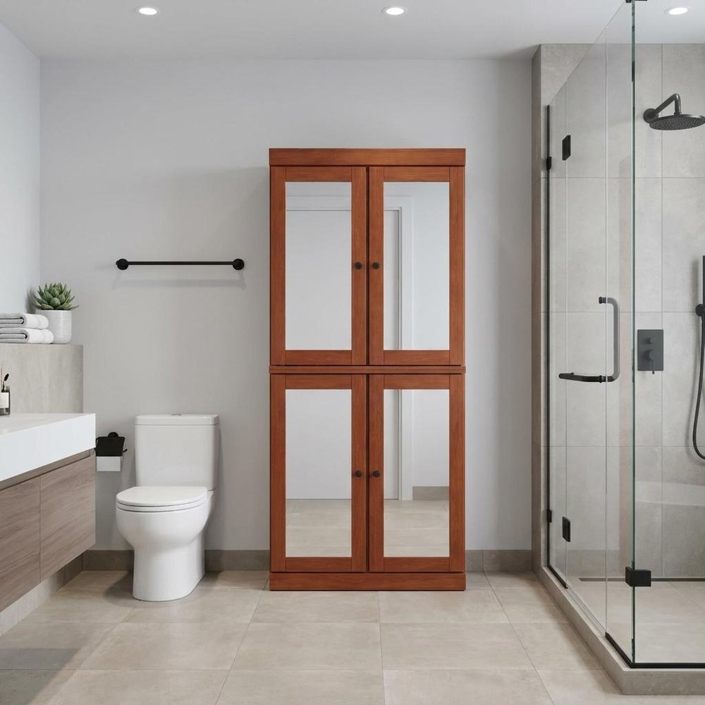 32" Coffee Solid Wood Glass Panel Inlay Double Door Linen Cabinet. Bathroom storage isolated on a plain white background, in a light gray wood finish.