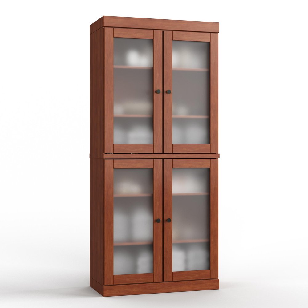 32" Coffee Solid Wood Glass Panel Inlay Double Door Linen Cabinet