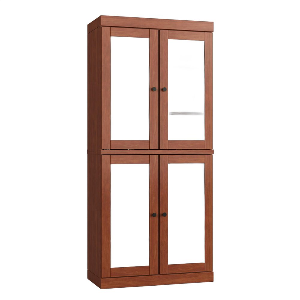 32" Coffee Solid Wood Glass Panel Inlay Double Door Linen Cabinet