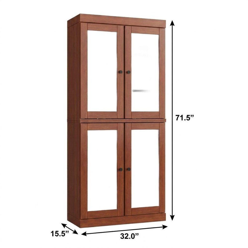 32" Coffee Solid Wood Glass Panel Inlay Double Door Linen Cabinet