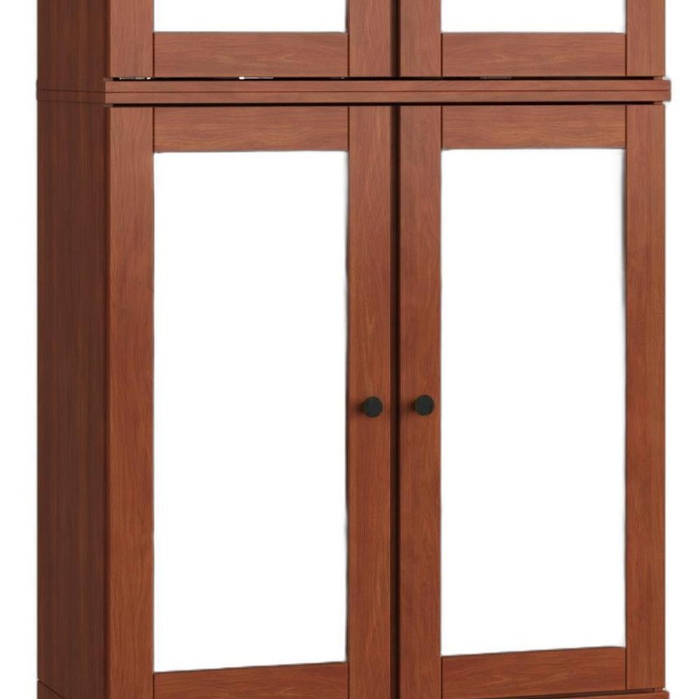 32" Coffee Solid Wood Glass Panel Inlay Double Door Linen Cabinet