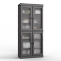 32" Gray Solid Wood Glass Panel Inlay Double Door Linen Cabinet. Bathroom storage isolated on a plain white background, finished in gray wood.
