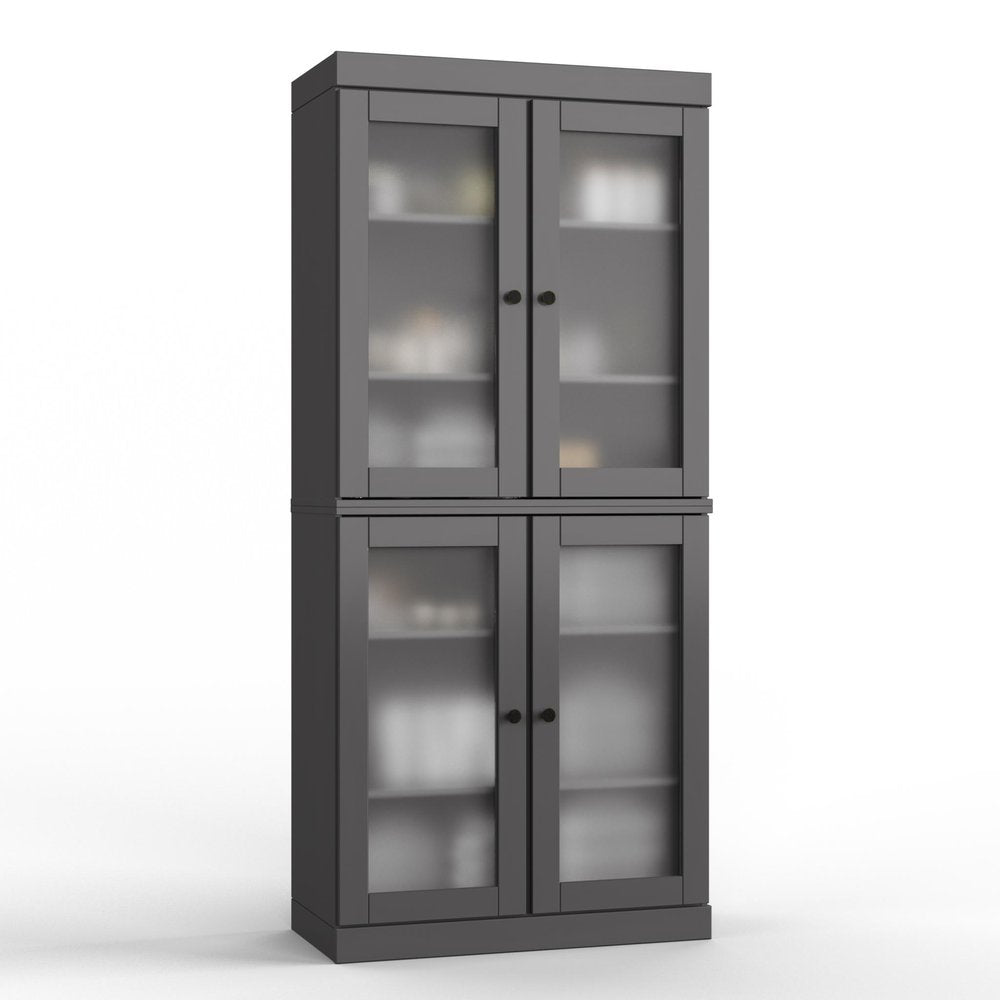 Gray solid wood double door linen cabinet with glass panel inlay, shown against a white background.