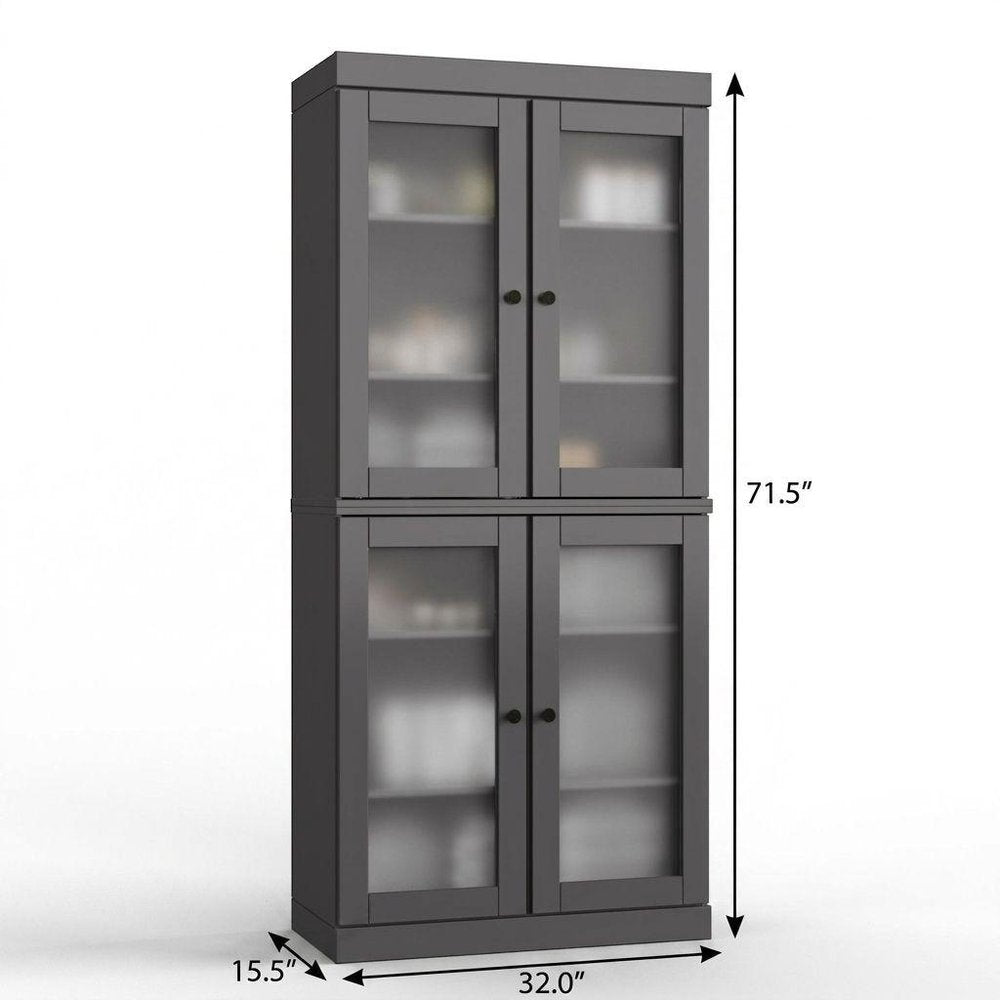 32" Gray Solid Wood Glass Panel Inlay Double Door Linen Cabinet - SKU 760074