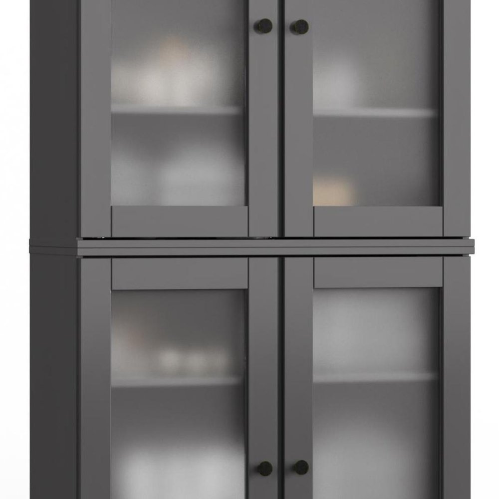 32" Gray Solid Wood Glass Panel Inlay Double Door Linen Cabinet - SKU 760074