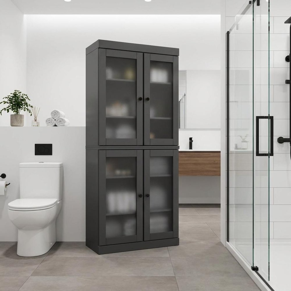32" Gray Solid Wood Glass Panel Inlay Double Door Linen Cabinet - SKU 760074