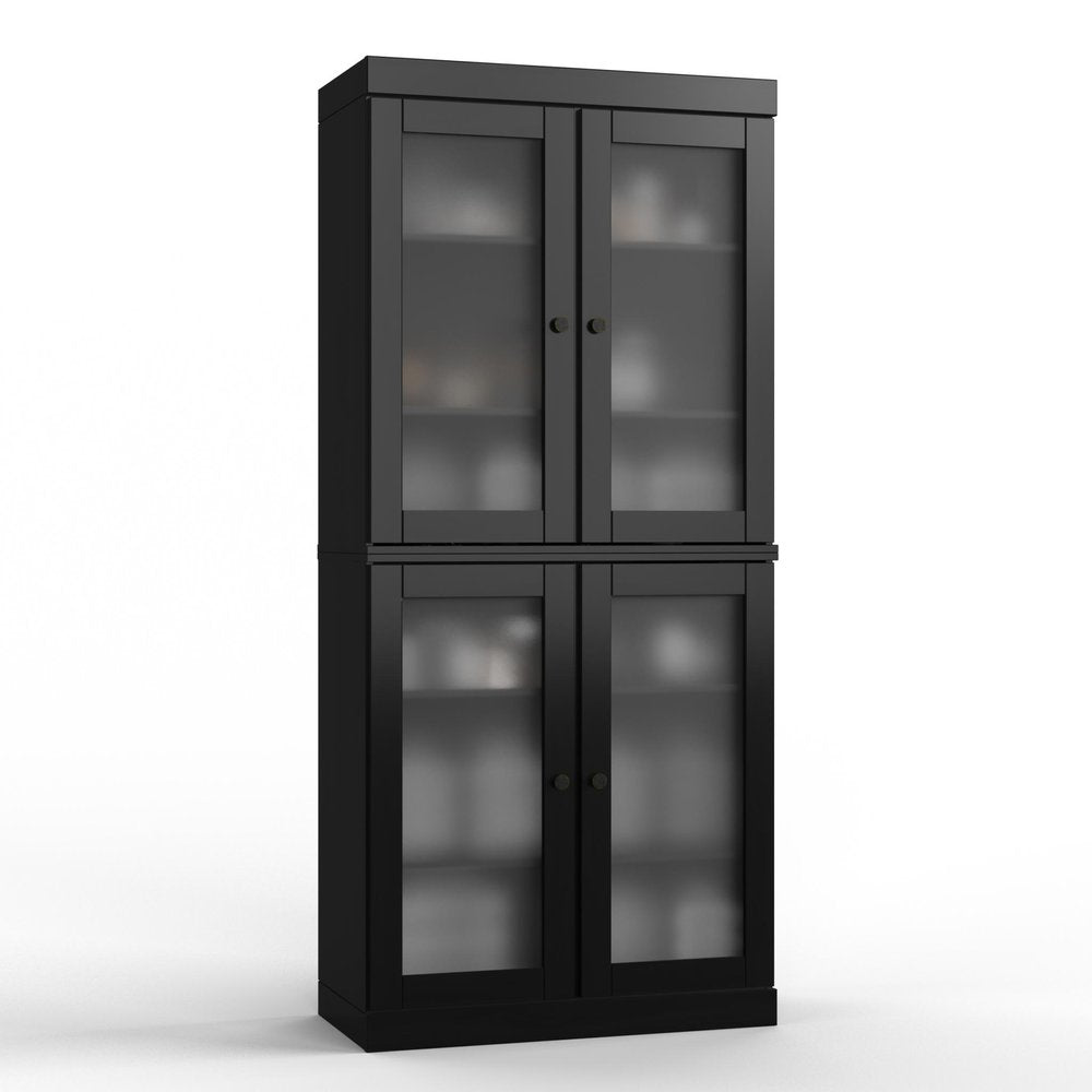 Black solid wood double door linen cabinet with glass panel inlay on a white background.