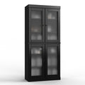 32" Black Solid Wood Glass Panel Inlay Double Door Linen Cabinet. Bathroom storage isolated on a plain white background, in a black wood finish.