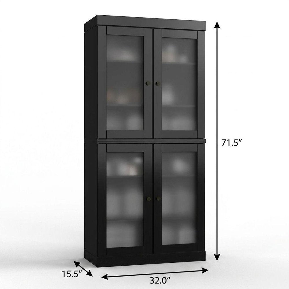 32" Black Solid Wood Glass Panel Inlay Double Door Linen Cabinet