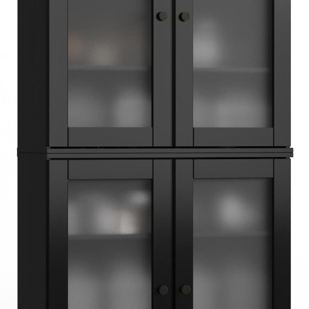 32" Black Solid Wood Glass Panel Inlay Double Door Linen Cabinet