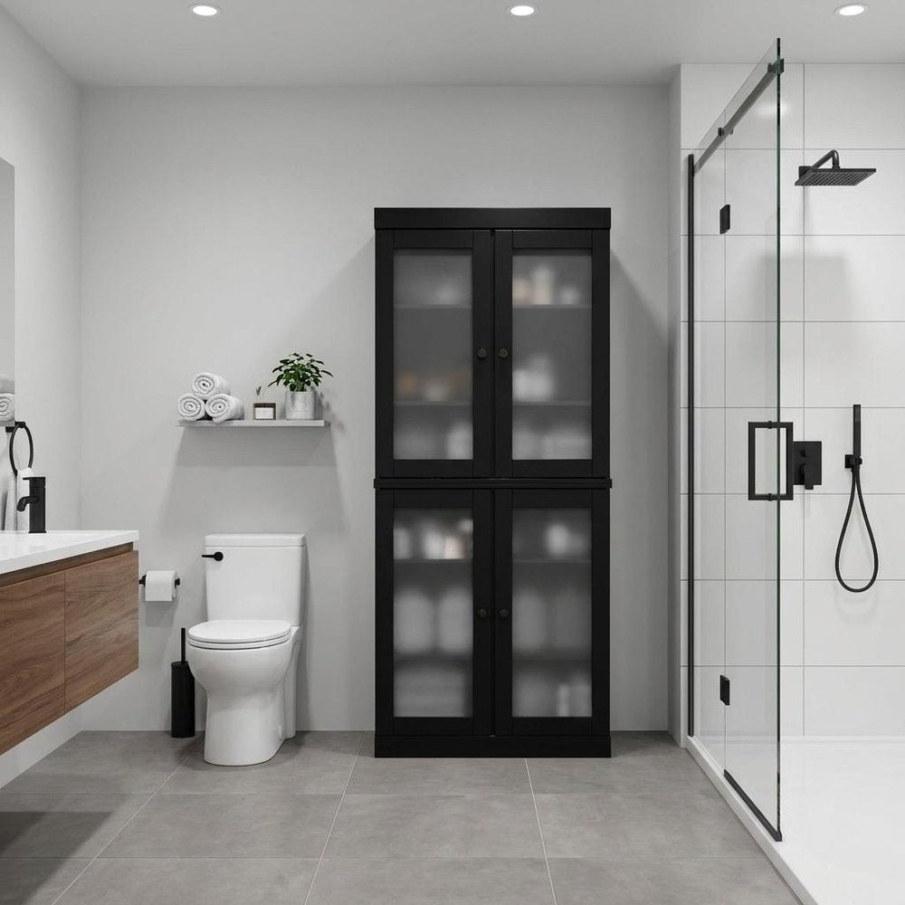 32" Black Solid Wood Glass Panel Inlay Double Door Linen Cabinet