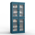32" Teal Blue Solid Wood Glass Panel Inlay Double Door Linen Cabinet. Bathroom storage isolated on a plain white background, showing a teal wood surface.