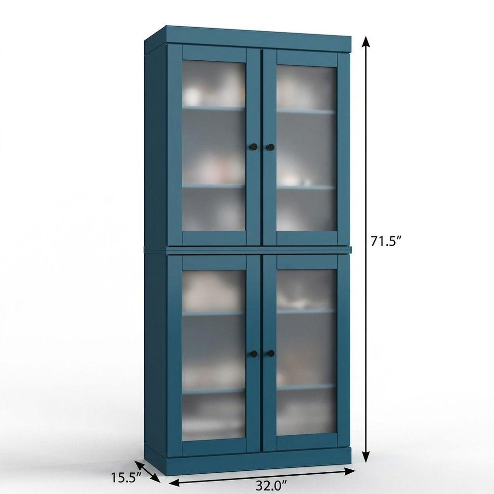 32" Teal Blue Solid Wood Glass Panel Inlay Double Door Linen Cabinet - 71.50" H x 32.00" W x 15.50" D