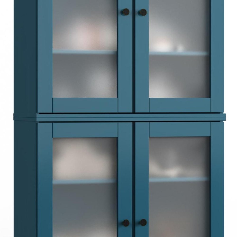 32" Teal Blue Solid Wood Glass Panel Inlay Double Door Linen Cabinet - 71.50" H x 32.00" W x 15.50" D