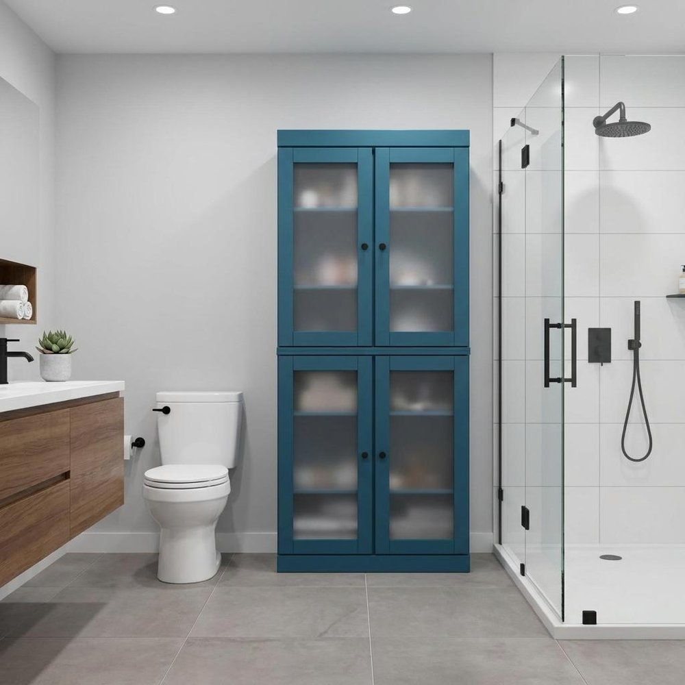 32" Teal Blue Solid Wood Glass Panel Inlay Double Door Linen Cabinet - 71.50" H x 32.00" W x 15.50" D