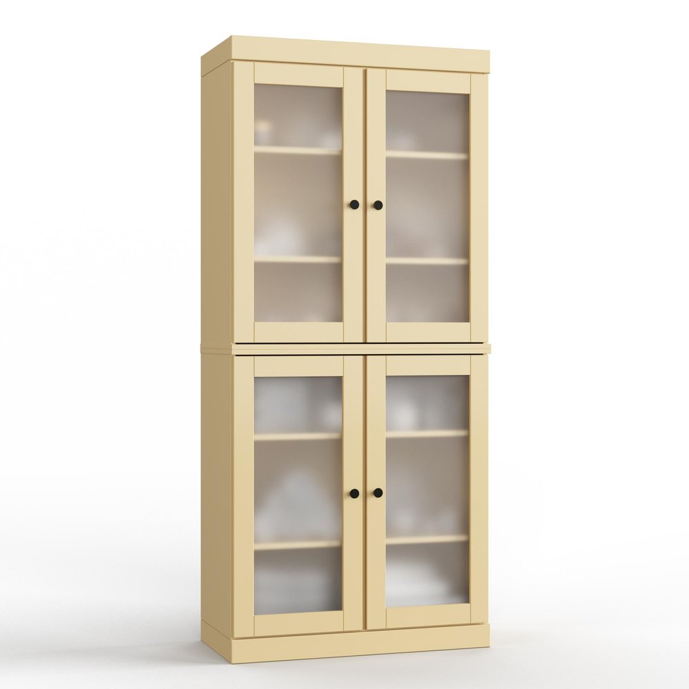 32" Yellow Solid Wood Glass Panel Inlay Double Door Linen Cabinet