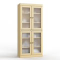 32" Yellow Solid Wood Glass Panel Inlay Double Door Linen Cabinet. Bathroom storage isolated on a plain white background, finished in yellow wood.