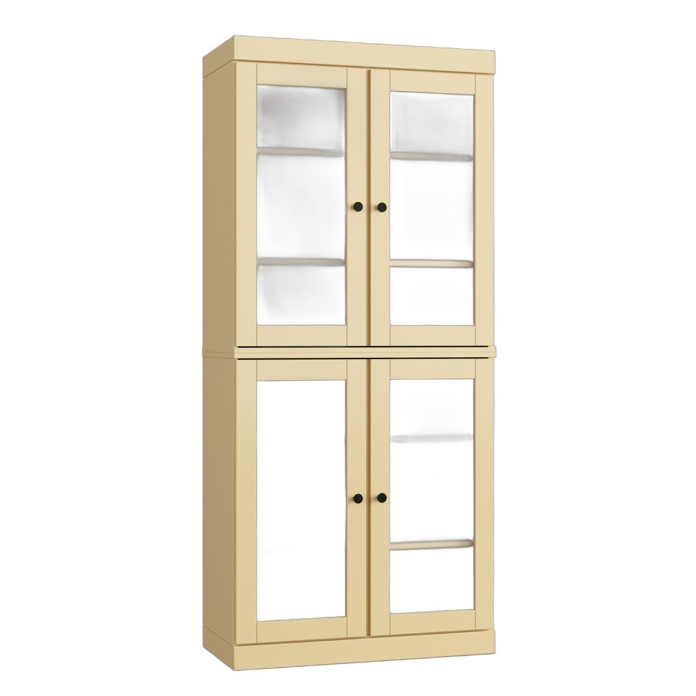 32" Yellow Solid Wood Glass Panel Inlay Double Door Linen Cabinet