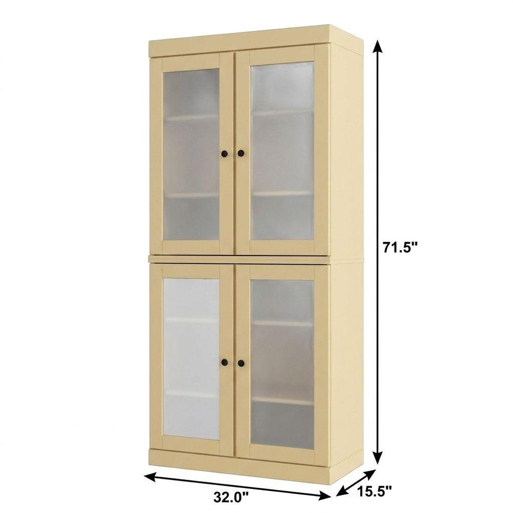 32" Yellow Solid Wood Glass Panel Inlay Double Door Linen Cabinet