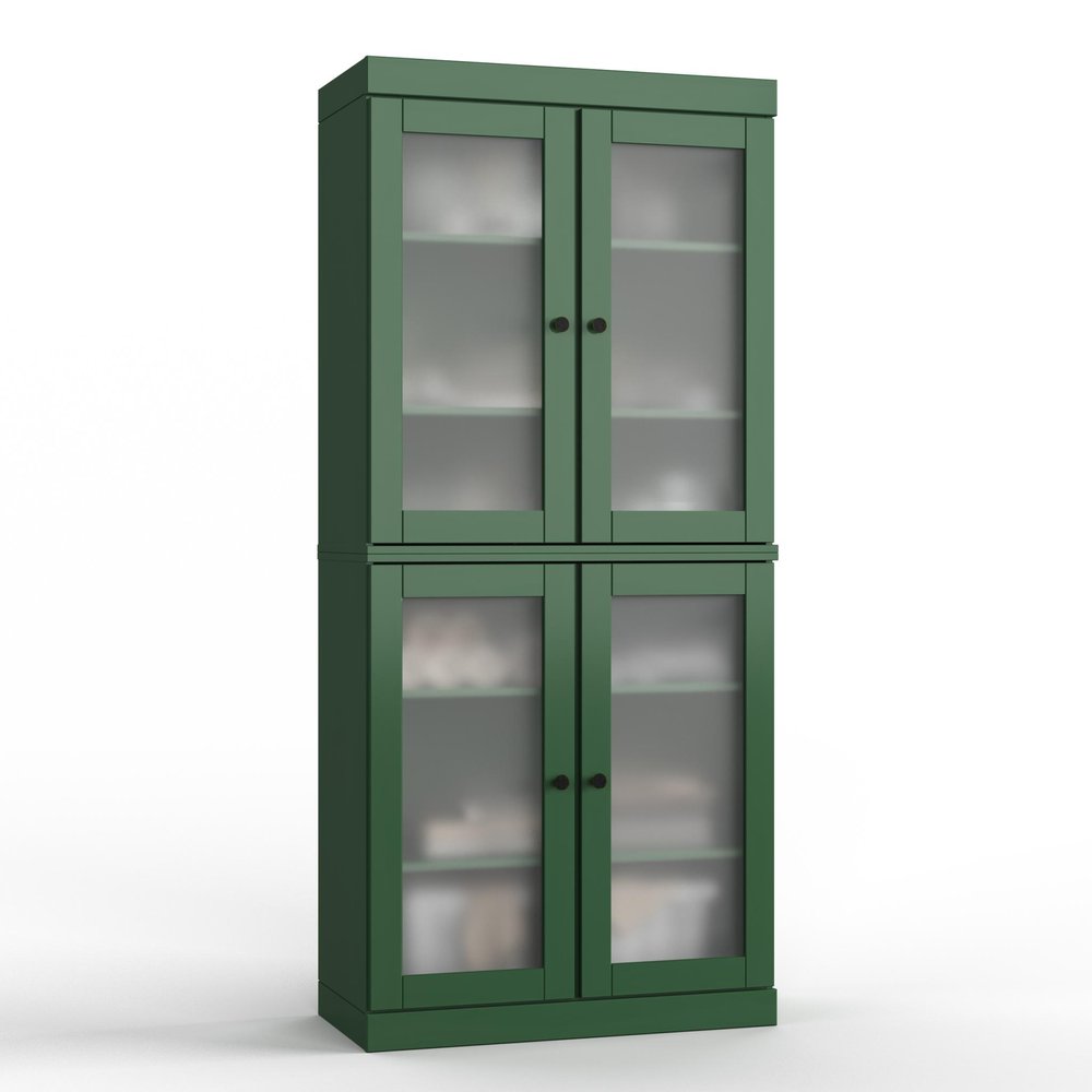 32" Green Solid Wood Glass Panel Inlay Double Door Linen Cabinet