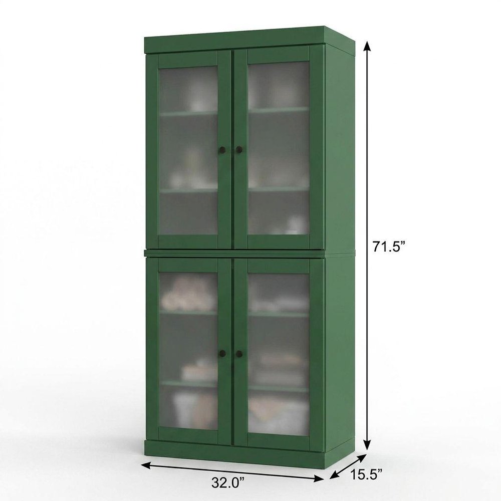 32" Green Solid Wood Glass Panel Inlay Double Door Linen Cabinet