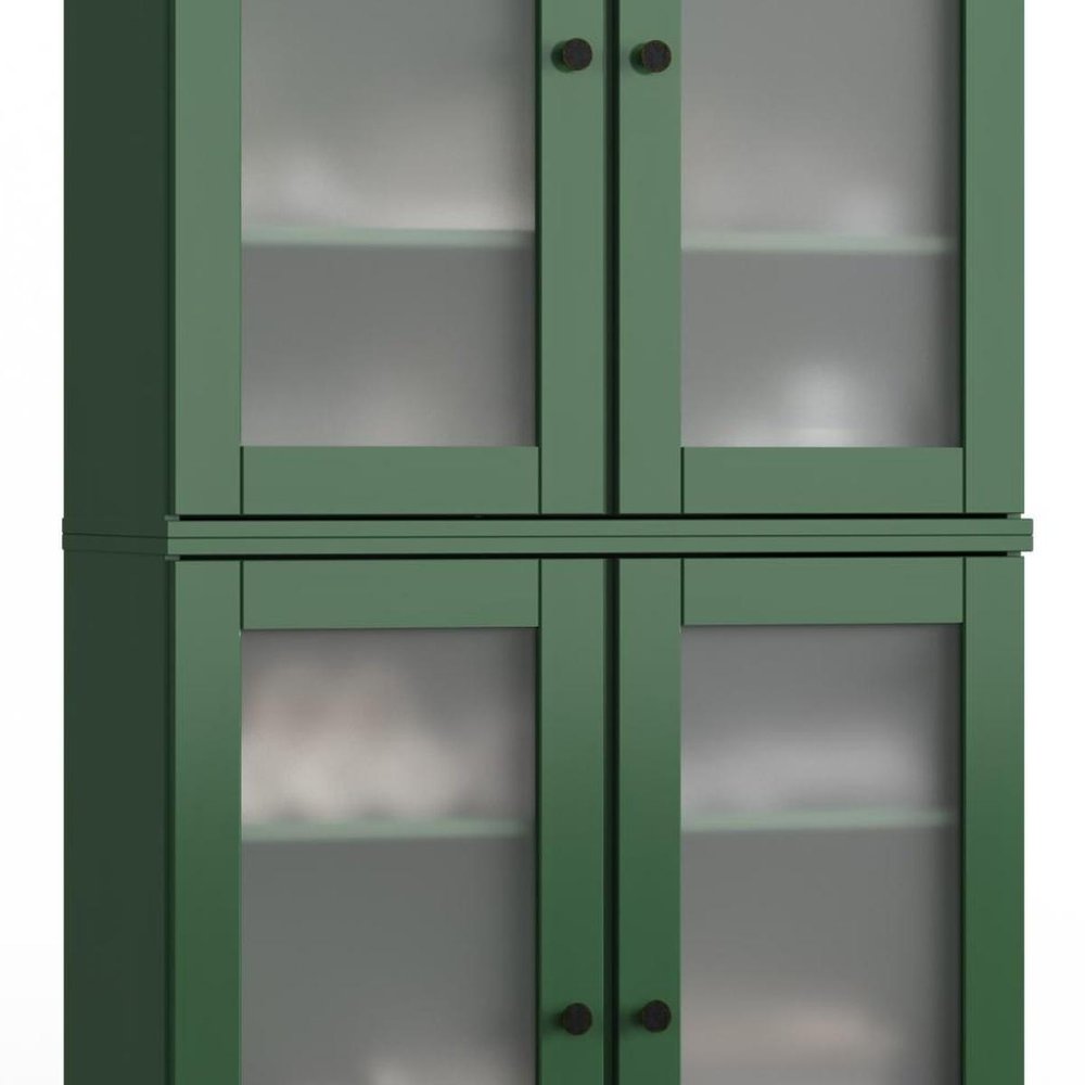 32" Green Solid Wood Glass Panel Inlay Double Door Linen Cabinet