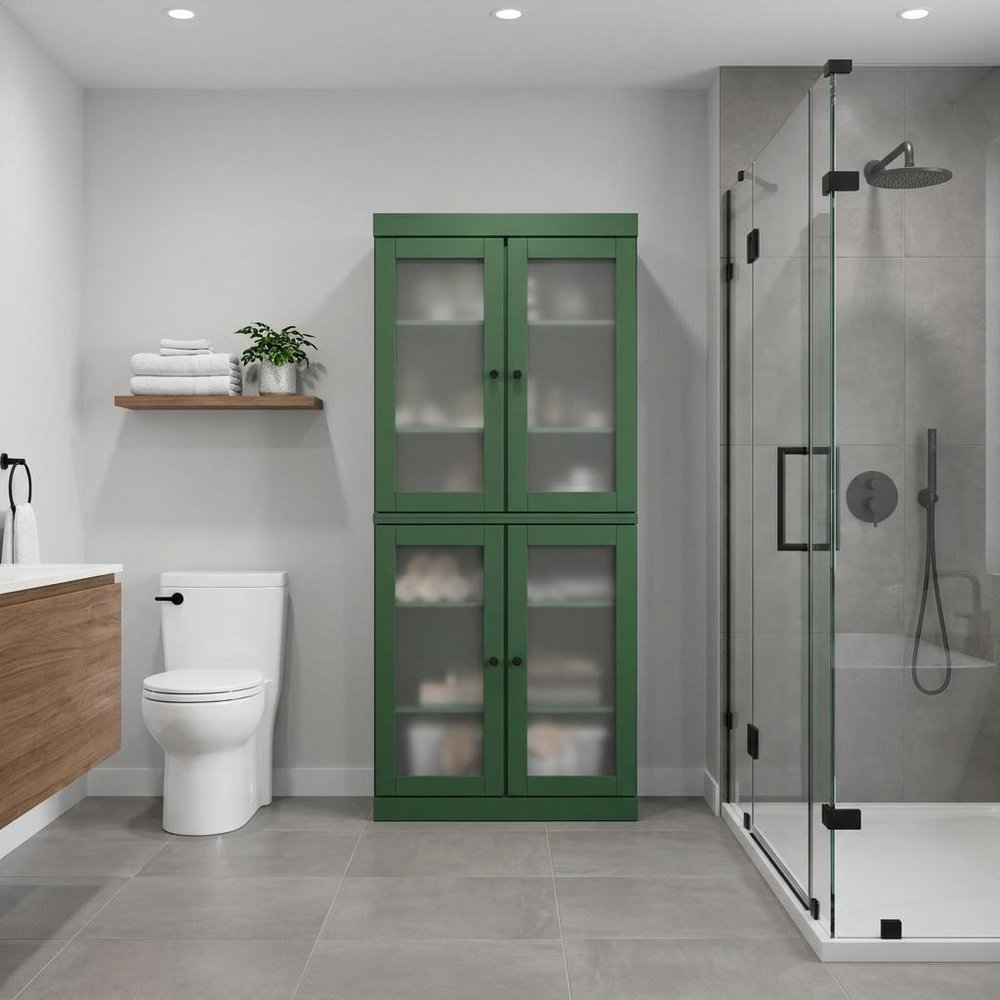 32" Green Solid Wood Glass Panel Inlay Double Door Linen Cabinet