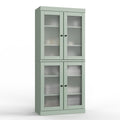 32" Sage Solid Wood Glass Panel Inlay Double Door Linen Cabinet. Bathroom storage isolated on a plain white background, showing a wood surface.