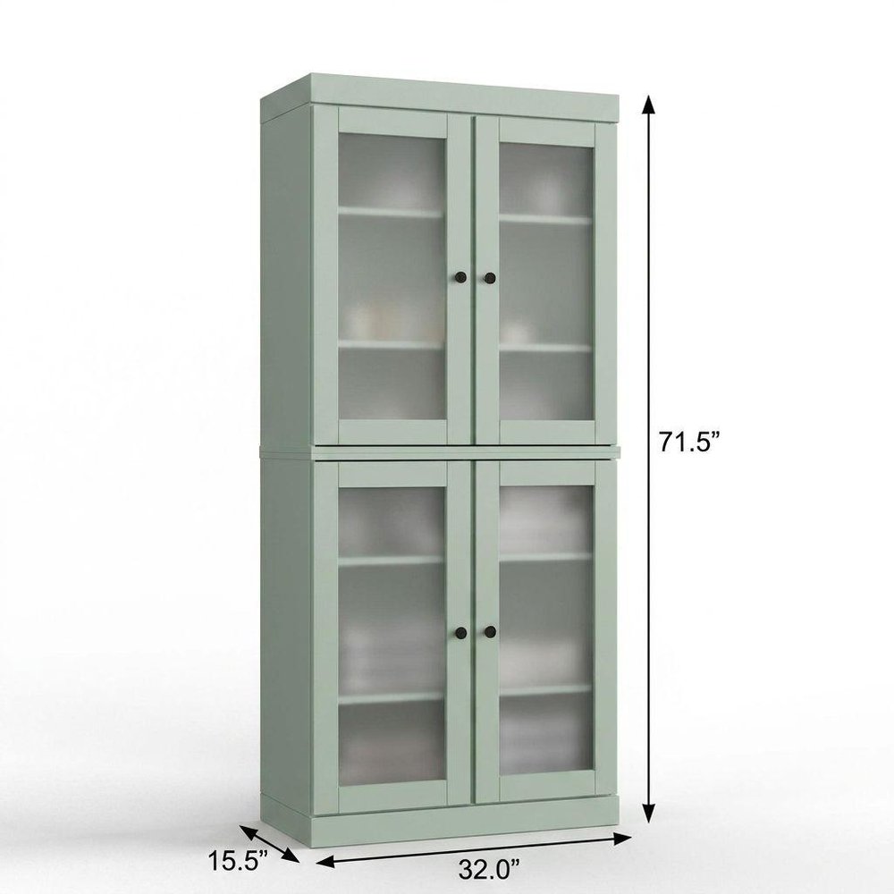 32" Sage Solid Wood Glass Panel Inlay Double Door Linen Cabinet