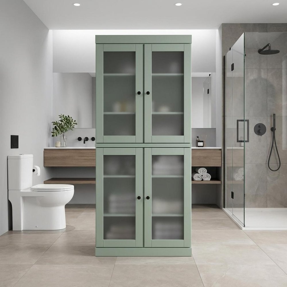 32" Sage Solid Wood Glass Panel Inlay Double Door Linen Cabinet