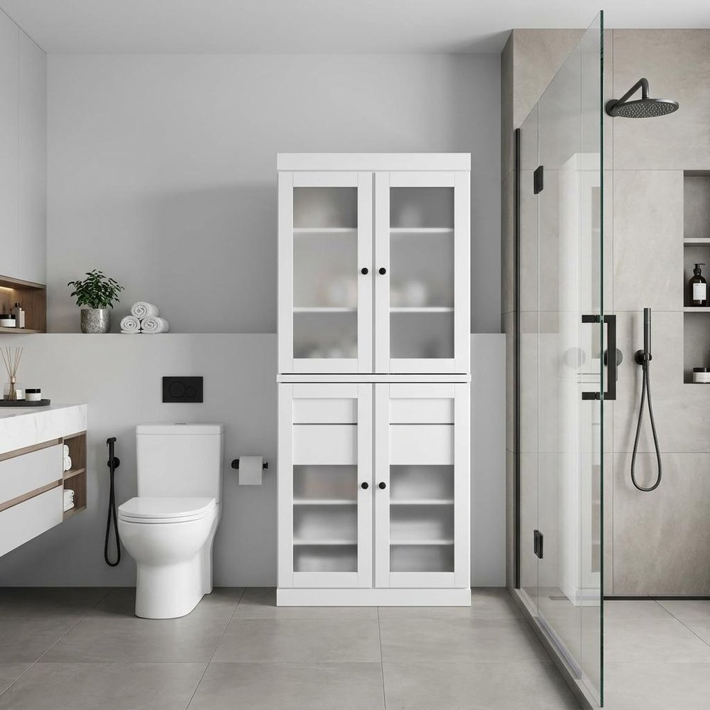 32" White Solid Wood Glass Panel Inlay Double Door Linen Cabinet - SKU 760081