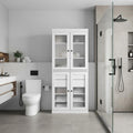 32" White Solid Wood Glass Panel Inlay Double Door Linen Cabinet