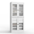 32" White Solid Wood Glass Panel Inlay Double Door Linen Cabinet. Bathroom storage isolated on a plain white background, in a white wood finish.