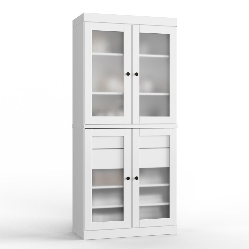 32" White Solid Wood Glass Panel Inlay Double Door Linen Cabinet