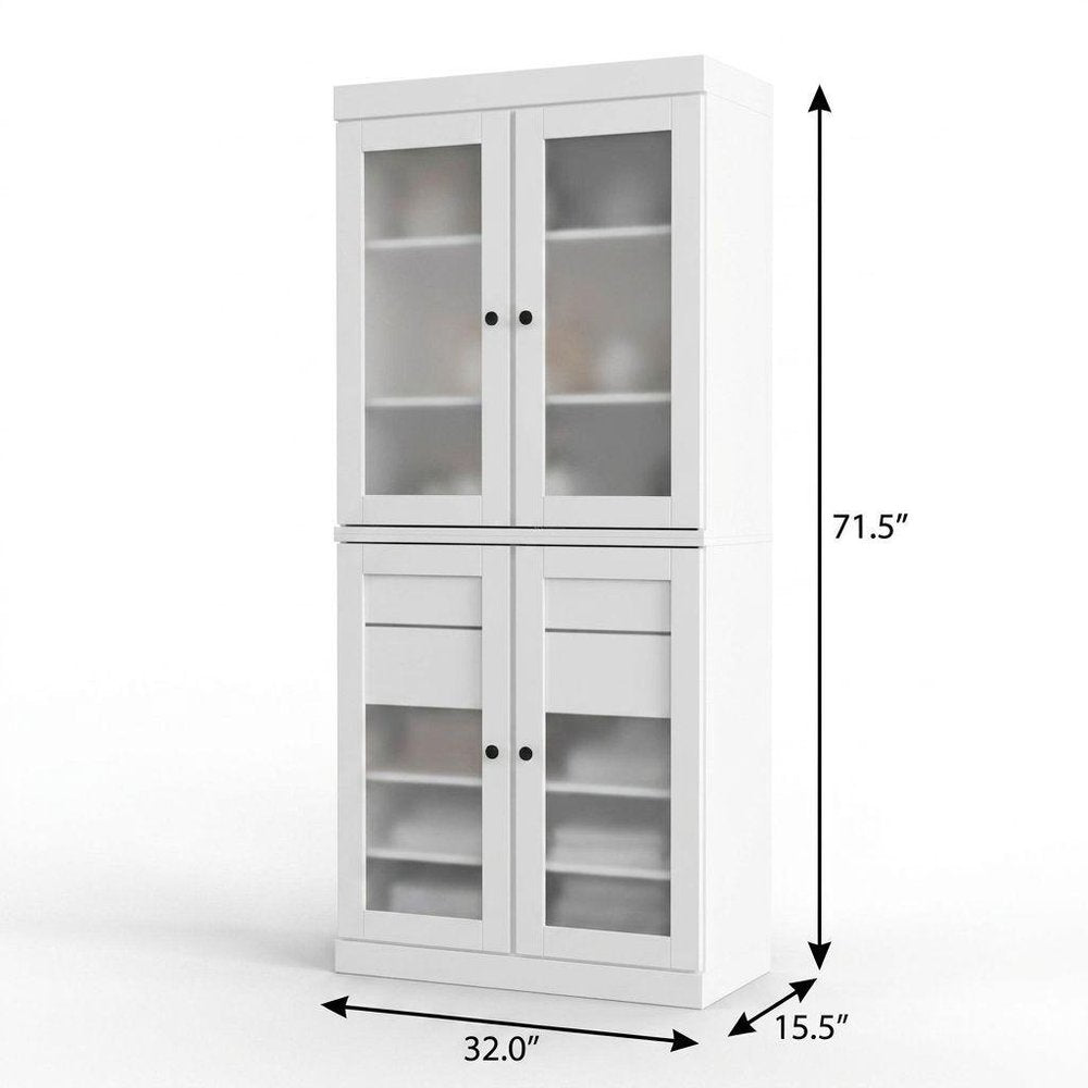 32" White Solid Wood Glass Panel Inlay Double Door Linen Cabinet