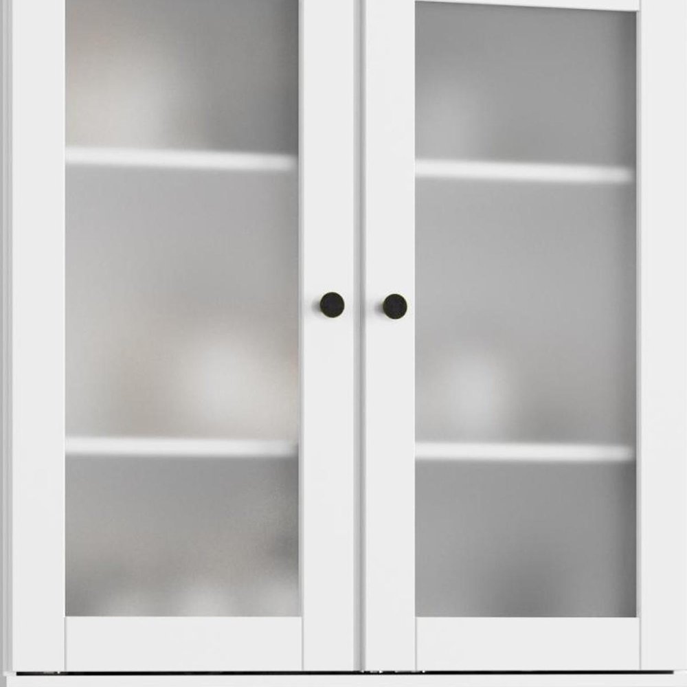 32" White Solid Wood Glass Panel Inlay Double Door Linen Cabinet