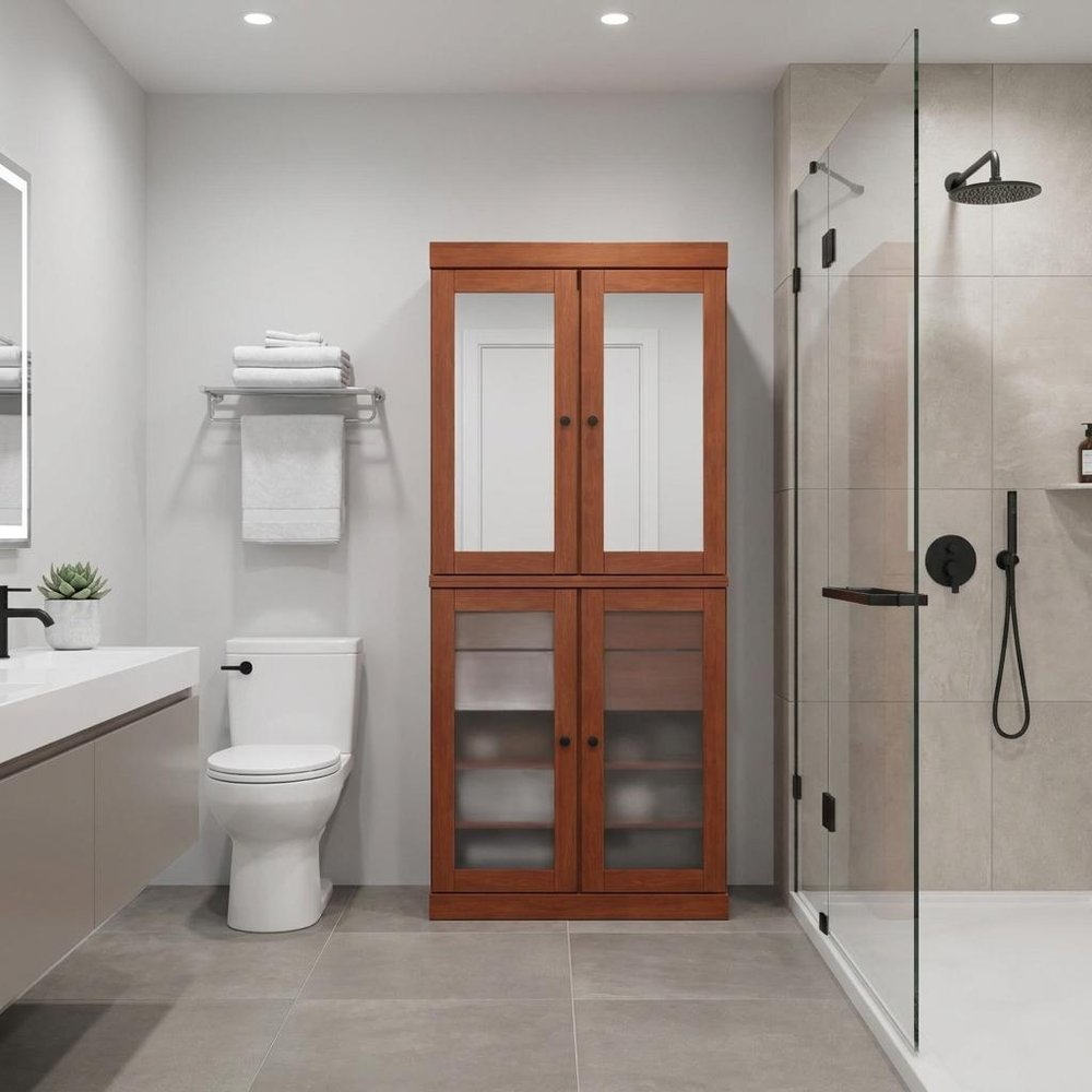 32" Coffee Solid Wood Glass Panel Inlay Double Door Linen Cabinet. Bathroom storage in light gray wood.
