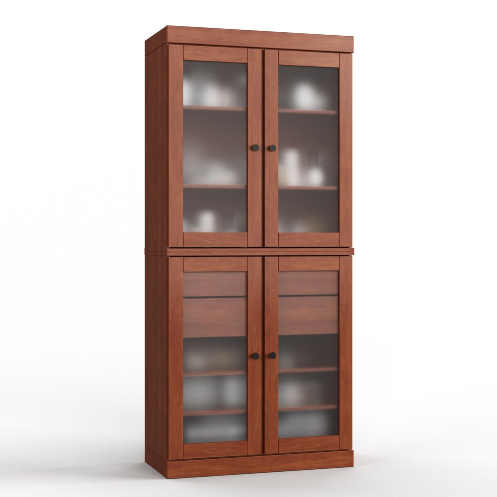32" Coffee Solid Wood Glass Panel Inlay Double Door Linen Cabinet