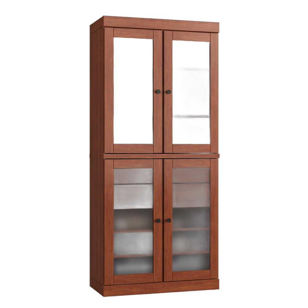 32" Coffee Solid Wood Glass Panel Inlay Double Door Linen Cabinet