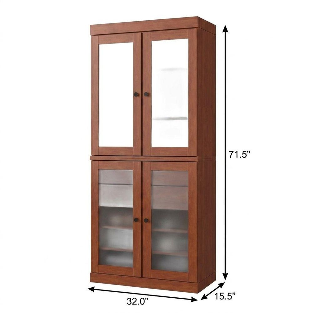 32" Coffee Solid Wood Glass Panel Inlay Double Door Linen Cabinet