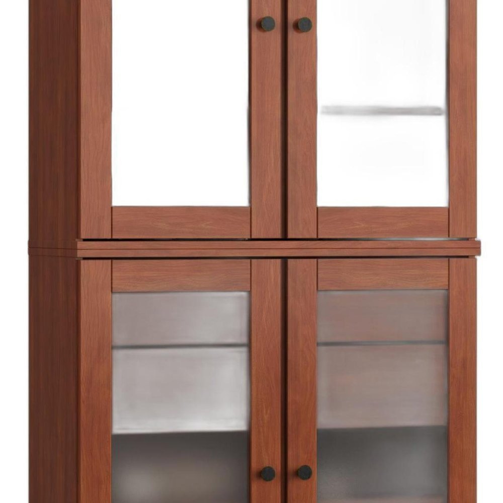32" Coffee Solid Wood Glass Panel Inlay Double Door Linen Cabinet